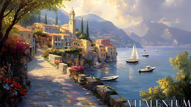 Sunlit coastal village stroll opens onto a tranquil sailing bay