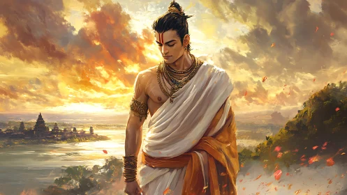 Regal warrior in saffron drapery at luminous riverside dusk