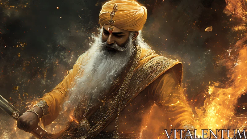 Elder warrior wrapped in gold, standing strong in swirling fire.