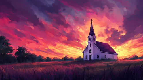 Twilight chapel gleams beneath a storm of painted fire skies.