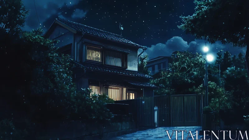 Quiet suburban house under starry blue night sky.