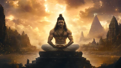 Meditative figure before mountains in glowing sky landscape.