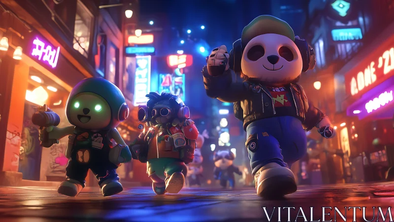 Stylized characters traverse neon urban street at night