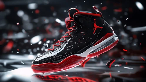 Black and red basketball sneaker in dynamic 3D render.