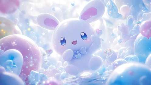 Cute pastel bunny character floats among glossy bubbles.