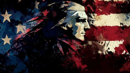 Patriotic profile in grunge-splattered American flag field.