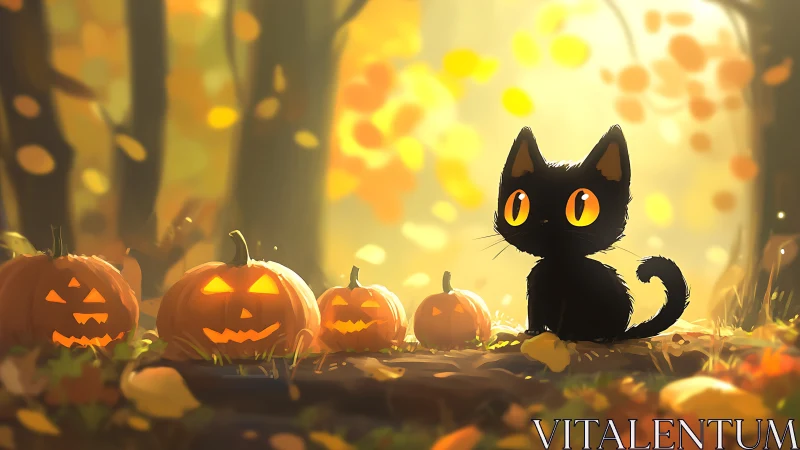 Black Cat Presides Over Halloween Pumpkin Patch in Golden Autumn Glow