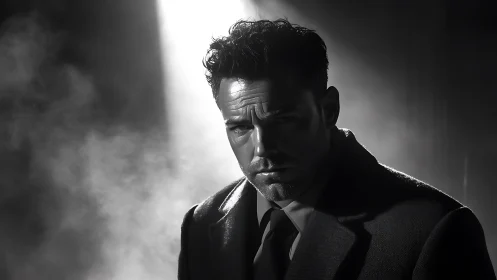 Noir-lit gaze carves a lone rebel from drifting shadow