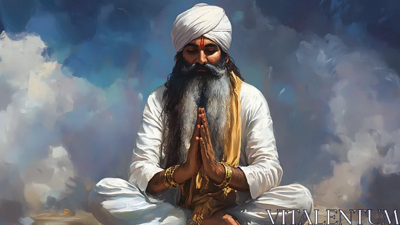 Serene sage in clouds of light finding quiet devotion.