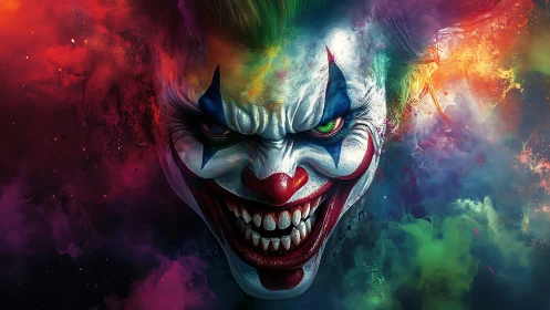 Chromatic nightmare clown erupts from swirling neon smoke