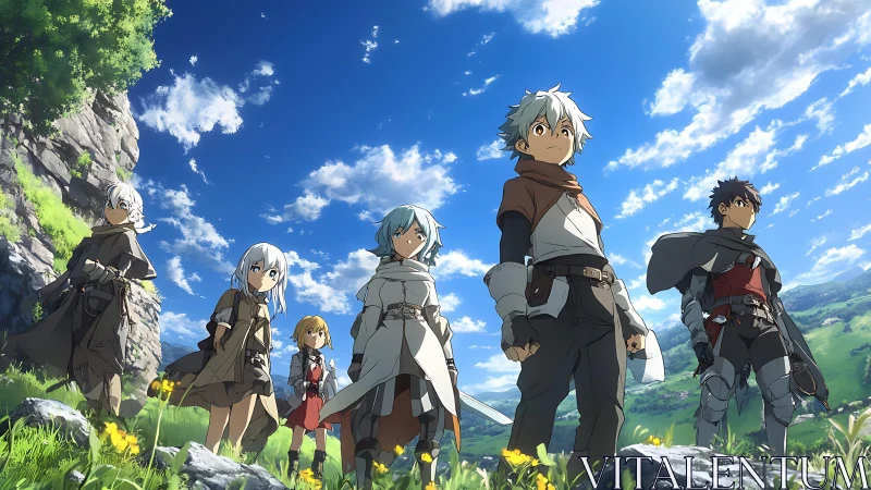 Young fantasy warriors stand ready under bright summer sky