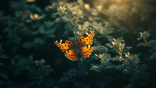 High-contrast orange butterfly in shallow-depth dusk foliage field