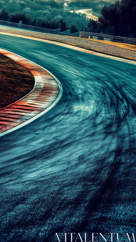 Racing circuit corner with heavy tire marks at sunset.