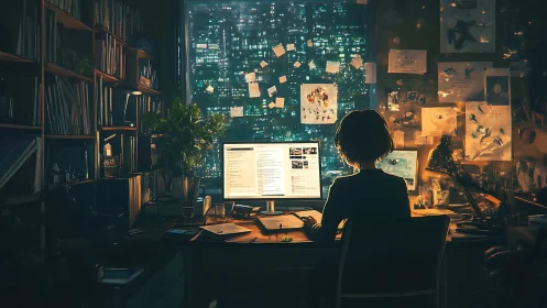 Person at dual monitors in dim office with city skyline view.