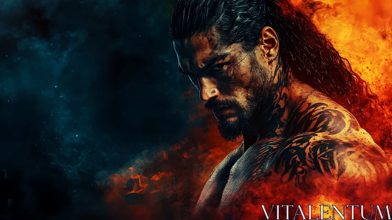 Tattooed male portrait with fire and smoke contrast.