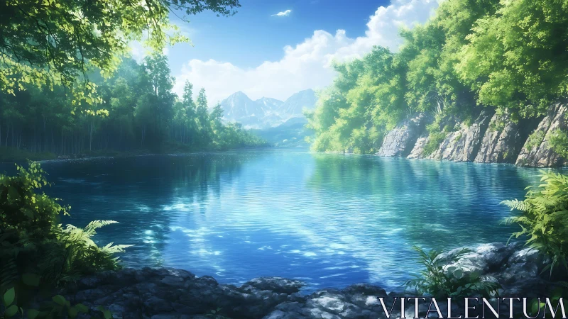 Mountain lake surrounded by lush forest and rocky cliffs.