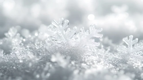 Macro snowflakes on fresh glittering winter snowfield.