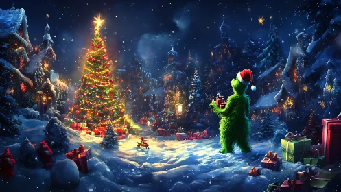 Green creature studies glowing village Christmas tree lights.