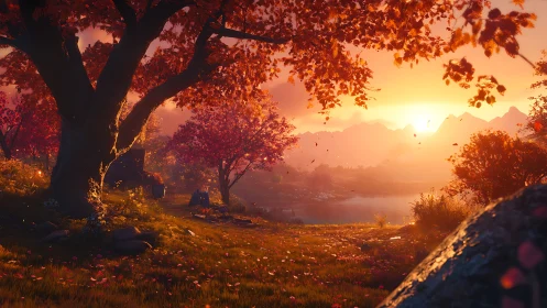 Golden autumn sunset over a peaceful lakeside meadow.