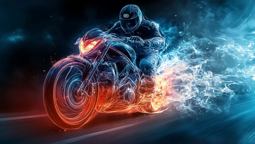 Neon sportbike rider cuts through electric fire and ice