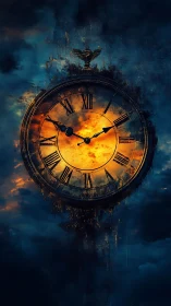 Antique celestial clock dissolves into incandescent storm clouds