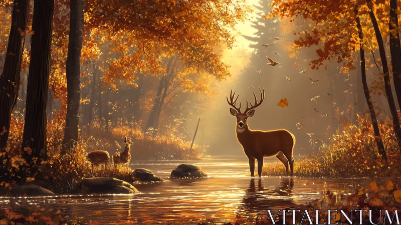 Stag stands in shallow autumn forest stream under warm light