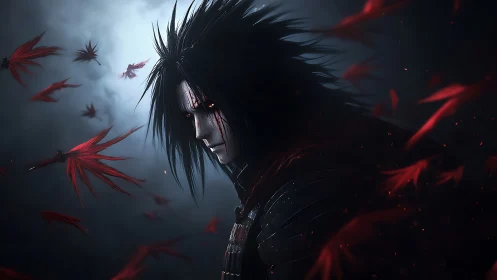 Dark haired warrior with red eyes amid drifting petals.