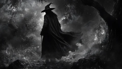 Dark cloaked sorcerer standing in a misty haunted forest.
