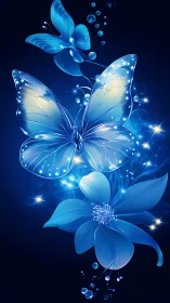 Glowing blue butterflies and flower on deep night background.