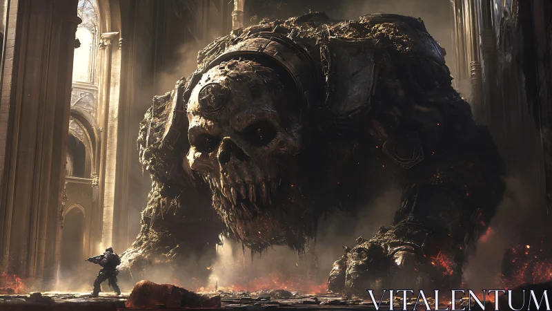 Colossal skull-armored beast facing soldier in ruined hall.