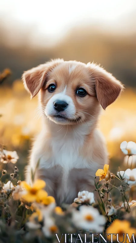 Sunlit puppy daydream among golden meadow blossoms.