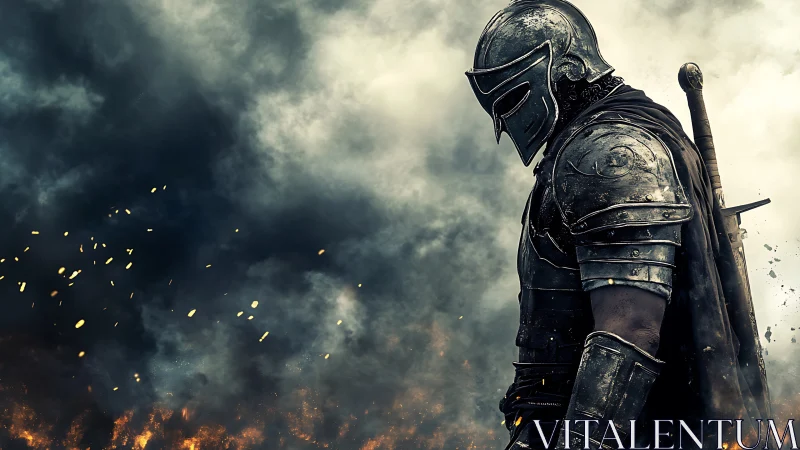 Armored knight in profile amid smoke, sparks, and embers