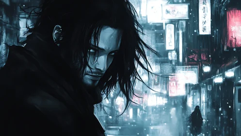 Brooding loner dominates neon-soaked rainy cyber street scene.