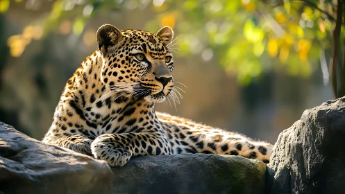Sunlit leopard resting calmly on warm forest rocks.
