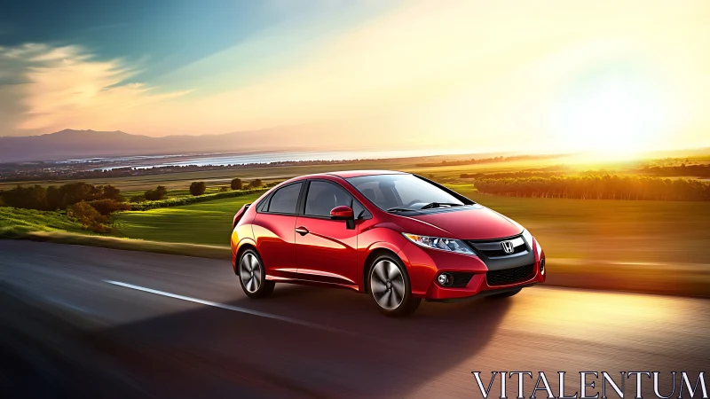Aerodynamic red compact sedan on sunlit rural highway at speed.
