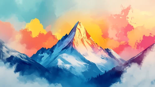 Vibrant digital mountain peak under bold sunset sky.