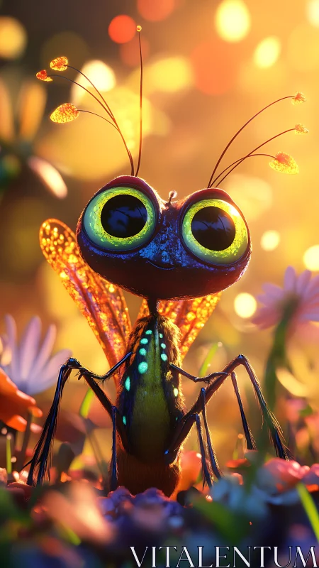 Cartoon insect with large eyes in glowing flower field.