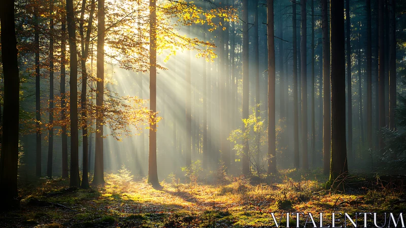 Sunbeams Through Autumn Forest Trees in Tranquil Morning Light.