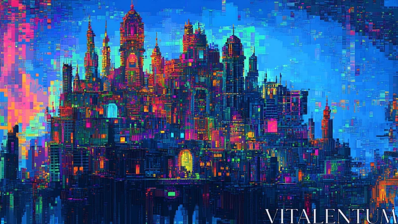 Neon cathedral skyline woven from electric pixel twilight.