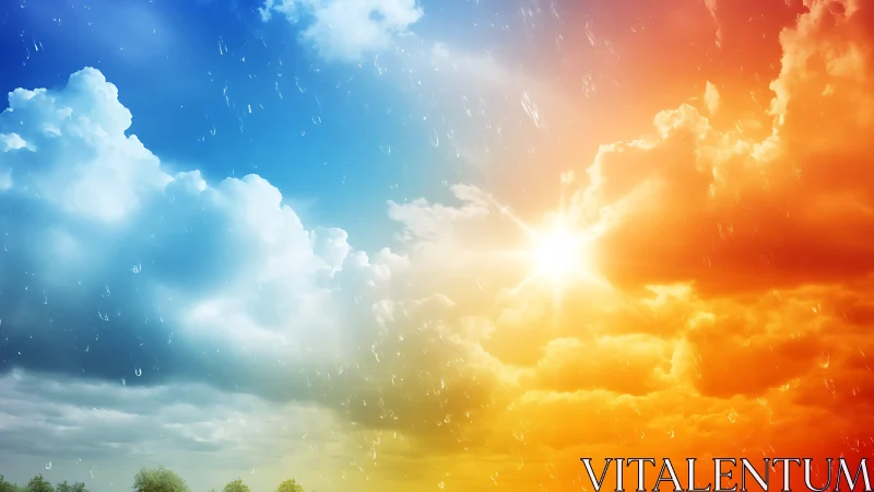 Glowing sun gently bridges cool blue rain and warm fire sky