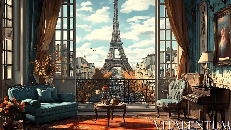 Paris living room interior frames Eiffel Tower city view