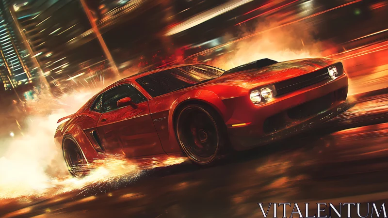 Red muscle car drifting through wet neon city street at night.