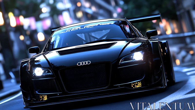 Blacked-out Audi race car prowls neon-lit city streets.