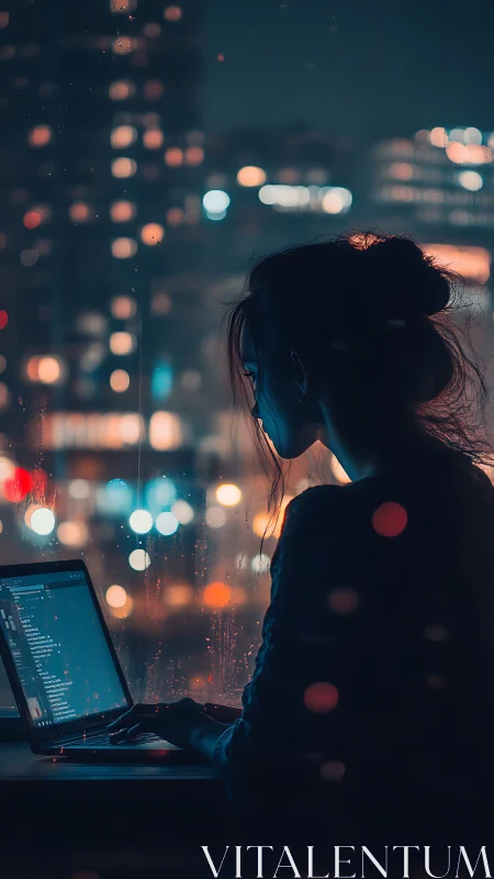 Night coder silhouette against neon city window glow.