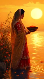 Woman holds floral offering by river at orange sunset