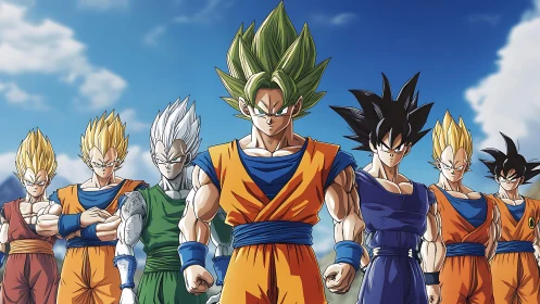 Legendary anime warriors stand united in bold, heroic style