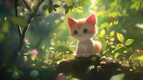 Crimson Kitten Discovers Wonder Perched Upon an Ancient Forest Log