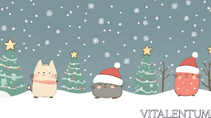 Cartoon winter scene with stylized animals and trees.