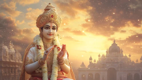 Digital painting of serene Hindu deity before luminous temple.