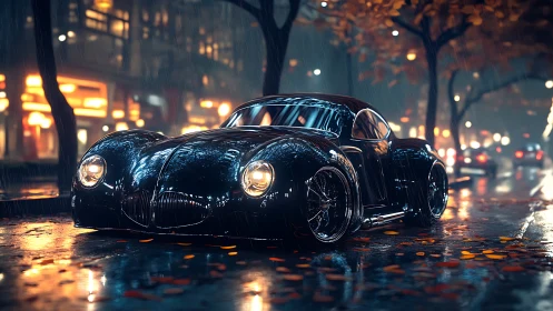 Retro sports coupe glows on wet neon city street at night.